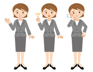 ビジネススーツ女性全身ポーズイラストセット/白背景