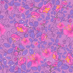 Vector pattern of cherry flowers and pink berries on a pink background for napkins, curtains, bags , dresses, hats, Wallpaper, bed linen. Drawing, art line, flower line
