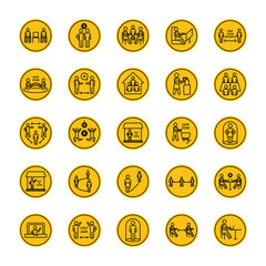 stay home and social distancing icon set, block silhouette style