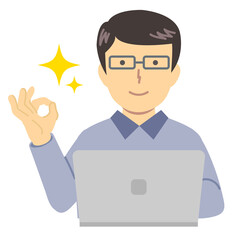 青い服の男性/OKサイン