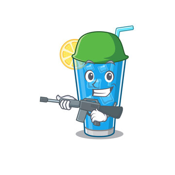 A cartoon picture of Army blue lagoon cocktail holding machine gun