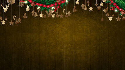 Naklejka premium Christmas background with decoration on dark wooden board. Christmas top view with text space.