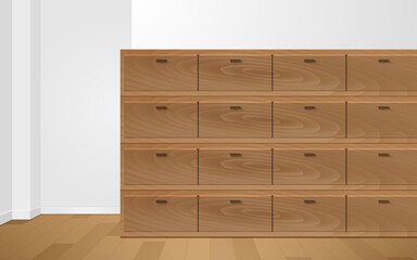 wooden file cabinet on the wooden floor in the white room