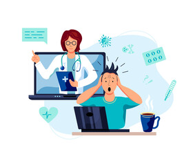 Tele medicine, online doctor and medical consultation concept. Female doctor helps a patient on a laptop. Flat cartoon style vector illustration.