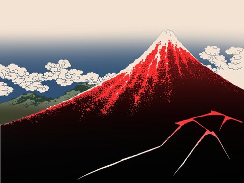 Red volcanic Fuji mountain on daytime with forest and cloudy sky