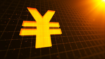 Japanese yen currency symbol with particles flare on perspective grid. Business Banking Finance Technology Concept.