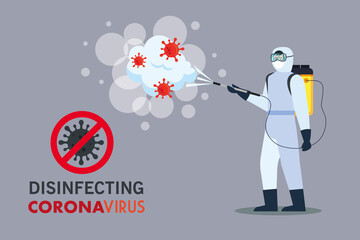 Man with protective suit spraying covid 19 virus design, Disinfects clean antibacterial and hygiene theme Vector illustration