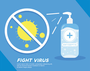 Antibacterial concept. Antiseptic spray in flask kills bacteria and virus. Detergent and disinfectant. Vector illustration 