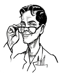 Smiling scientist looking over the glasses. Ink black and white drawing