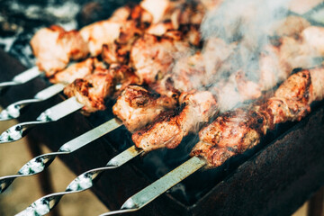  Browned toasted skewers pork meat on a charcoal grill. Smoke in the photo. Close-up. Cooking at the stake in nature.