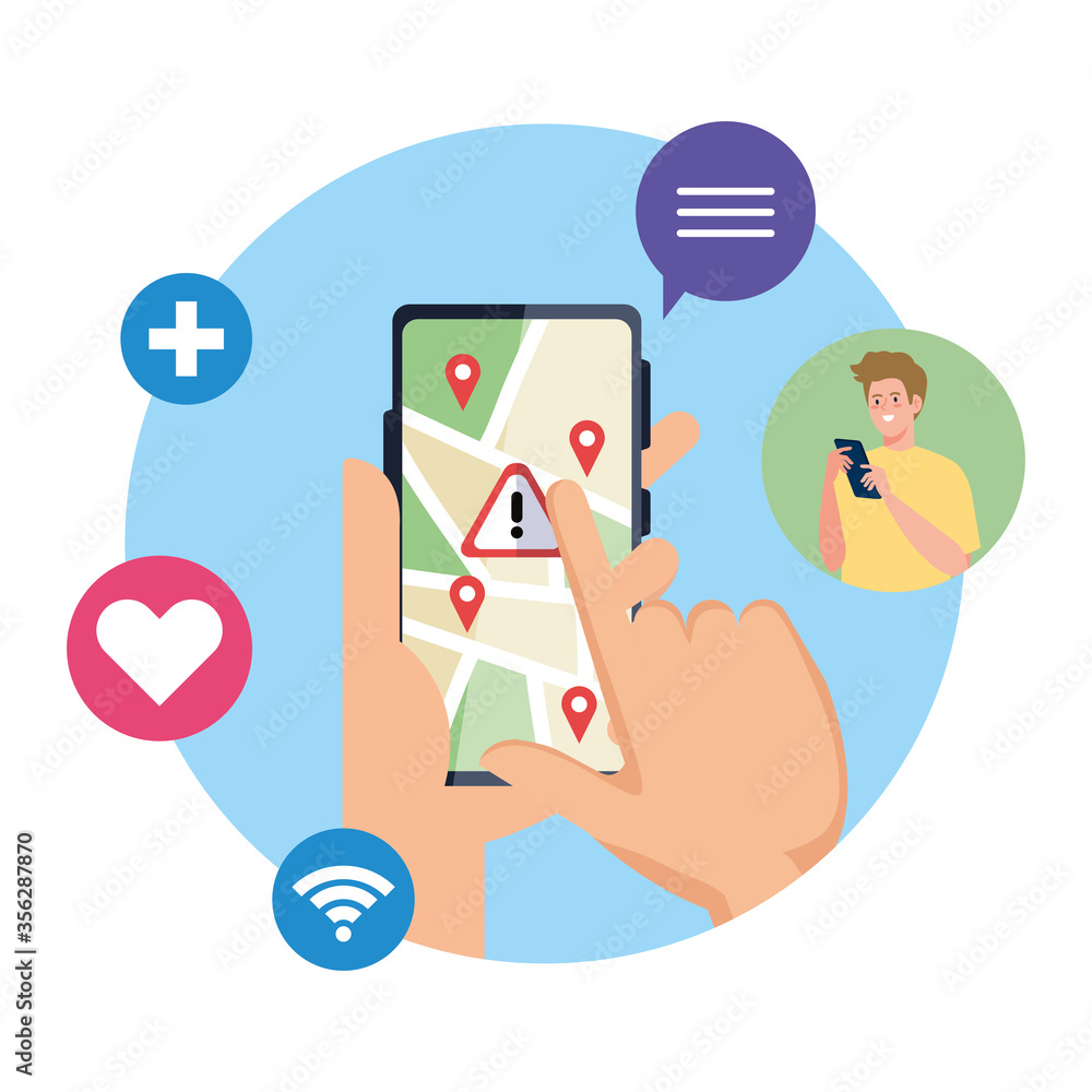 Poster hands holding smartphone with gps marks and warning banner design, map travel navigation route road 