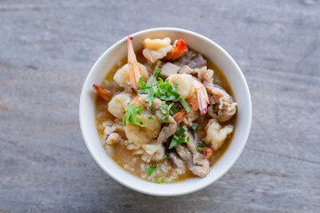Homemade rice porridge with full load of shrimp and pork