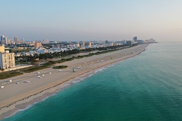 Aerial view of South Beach and Lummus Park in Miami Beach, Florida duing coronavirus beach, hotel, park and restaurant closures at sunrise.