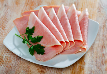 Spanish tasty meal sliced ham on table, nobody