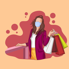 woman with shopping bags with a mask