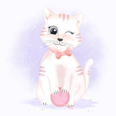Cute cat with yarn ball, hand drawn cartoon animal illustration