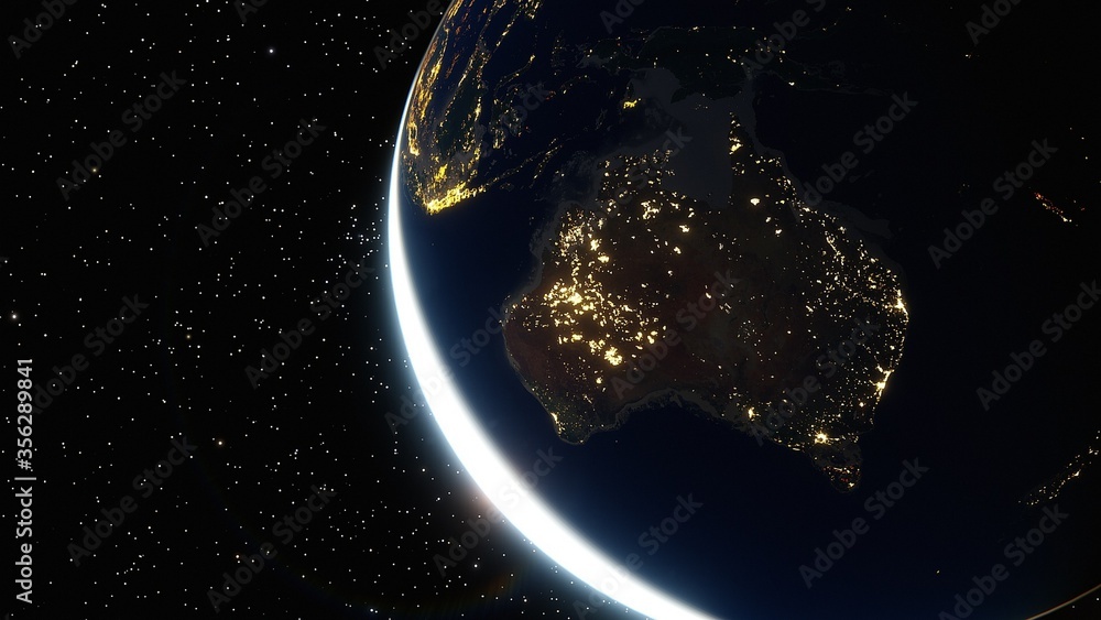 Poster realistic night Australia from space 3d render