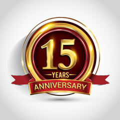 15th golden anniversary logo with ring and red ribbon isolated on white background