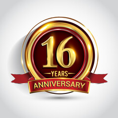 16th golden anniversary logo with ring and red ribbon isolated on white background