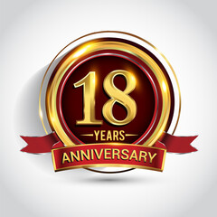 18th golden anniversary logo with ring and red ribbon isolated on white background