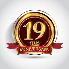 19th golden anniversary logo with ring and red ribbon isolated on white background
