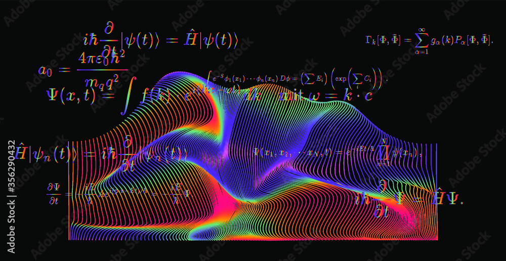 Poster blackboard with calculations: schrodinger equation and other quantum mechanics formulas. concept of 