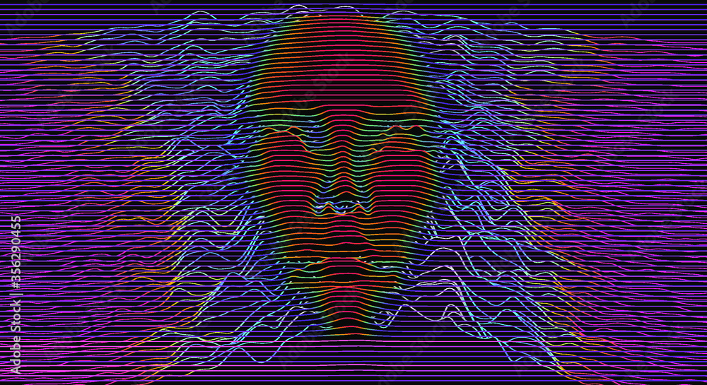 Poster artificial intelligence concept. 3d model of human face made of lines, op art surreal style.