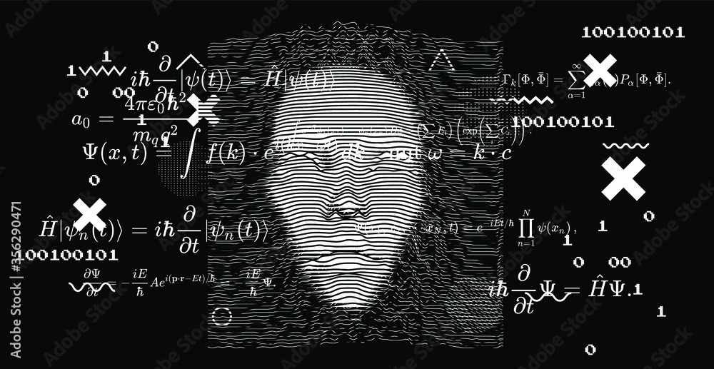 Poster Artificial Intelligence and Quantum computing concept. Blackboard with formulas and calculations, Schrodinger equation.
