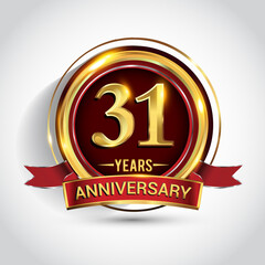 31st golden anniversary logo with ring and red ribbon isolated on white background