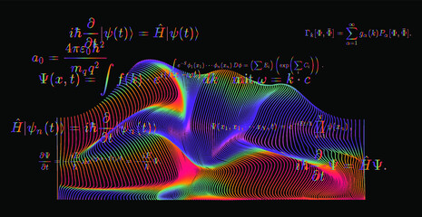 Blackboard with calculations: Schrodinger equation and other quantum mechanics formulas. Concept of education and complex systems.