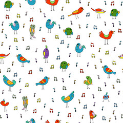Cartoon colorful little birds and notes seamless. Color music pattern. 