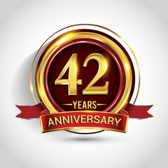 42nd golden anniversary logo with ring and red ribbon isolated on white background