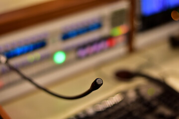 Closeup Analog sound mixer with selected focus. Professional audio mixing console broadcasting.