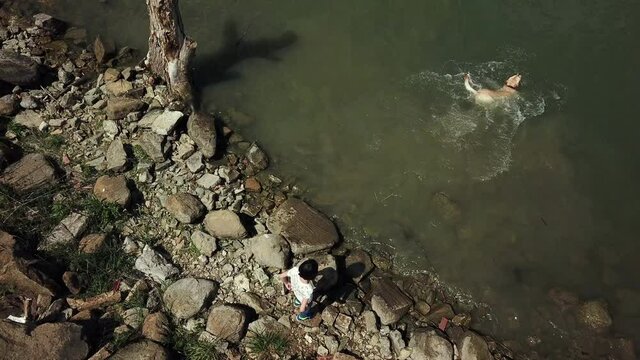 Aerial drone footage of girl standing on rocky shore of lake in Umbria, Italy, throwing stick for her dog.