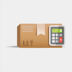 Box icon, delivery and shipping. Cardboard package and calculator icon on a light background. For use in website, presentation, graphic design. Vector. 