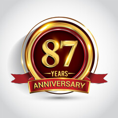 87th golden anniversary logo with ring and red ribbon isolated on white background