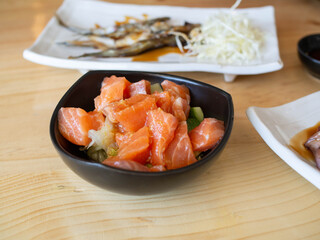 Close up sushi salmon on dish in Japanese food ,selective focus.