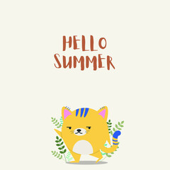 Hello Summer card with a cat, Cute  cat character vector illustration in colorful, modern, flat style