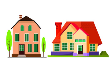 House building vector icons. Village home, cottage and villa, architecture, and real estate industry. The exterior of buildings with windows, roofs, doors, and garages Vector flat illustration.