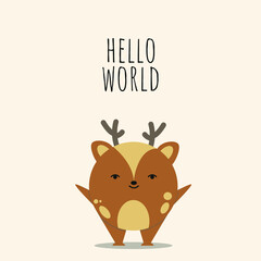 Cute Deer character postcard, Deer vector illustration for kids in flat style