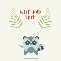 Cute Raccoon postcard vector illustration, Raccoon background art in flat style