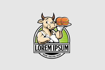 Cute chef bull cartoon character with burger food logo template