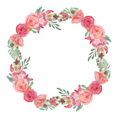 Watercolor pink rose flower wreath decoration