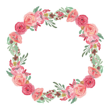 Watercolor pink rose flower wreath decoration
