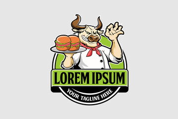 chef bull cartoon character with burger food logo