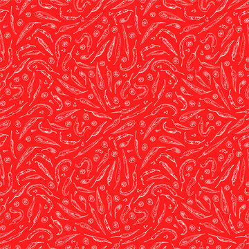 Hand drawn sketch style red Chili peppers seamless pattern. Ripe and sliced peppers. Color illustration.