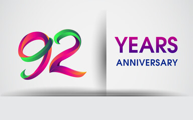 92nd Anniversary celebration logo, colorful design logotype isolated on white background.
