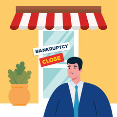 sad businessman on store design of bankruptcy and covid 19 virus theme Vector illustration