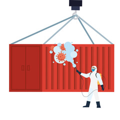 Man with protective suit spraying container with covid 19 virus design, Disinfects clean and antibacterial theme Vector illustration