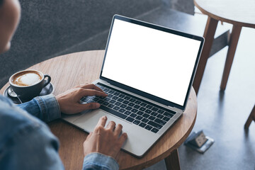 computer mockup image blank screen.hand woman work using laptop with white background for advertising,contact business search information on desk at coffee shop.marketing and creative design